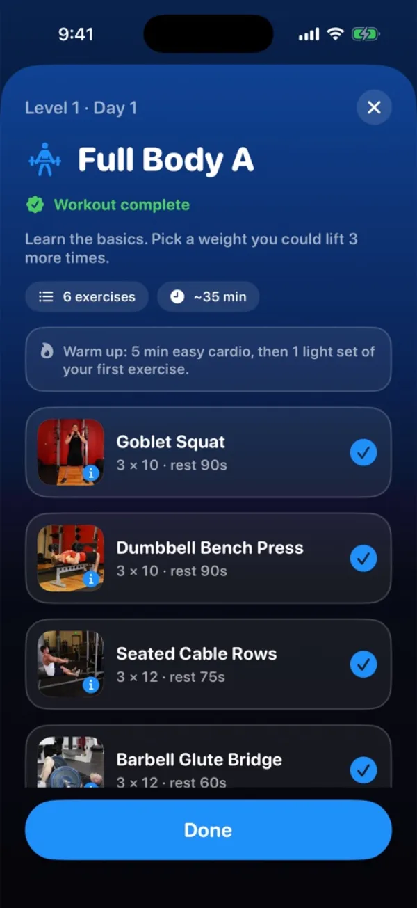 GoPeak workout with exercise photos